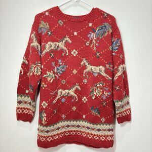 VTG 90s Women Red Horse Print Sweater Size L Equestrian Novelty Carousel Grandma